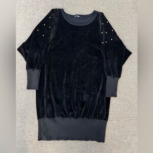 Vintage Black Velour Mini Sweatshirt Dress Banded Bottom Gold Stud Accents